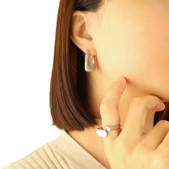 Silver Square Hoop Earrings*Rectangle Hoop Huggie*Cleo*Minimalist Dainty*ML - Picture 6 of 6